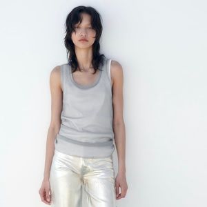 ZARA SEMI-SHEER KNIT TOP - SILVER - SIZE MEDIUM